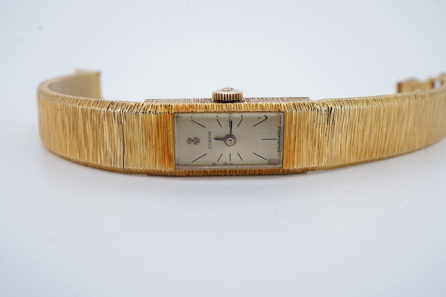 A lady's 1960's 18ct gold manual wind bracelet watch, overall length 16.5cm, gross weight 37.1 grams. Condition - fair to good